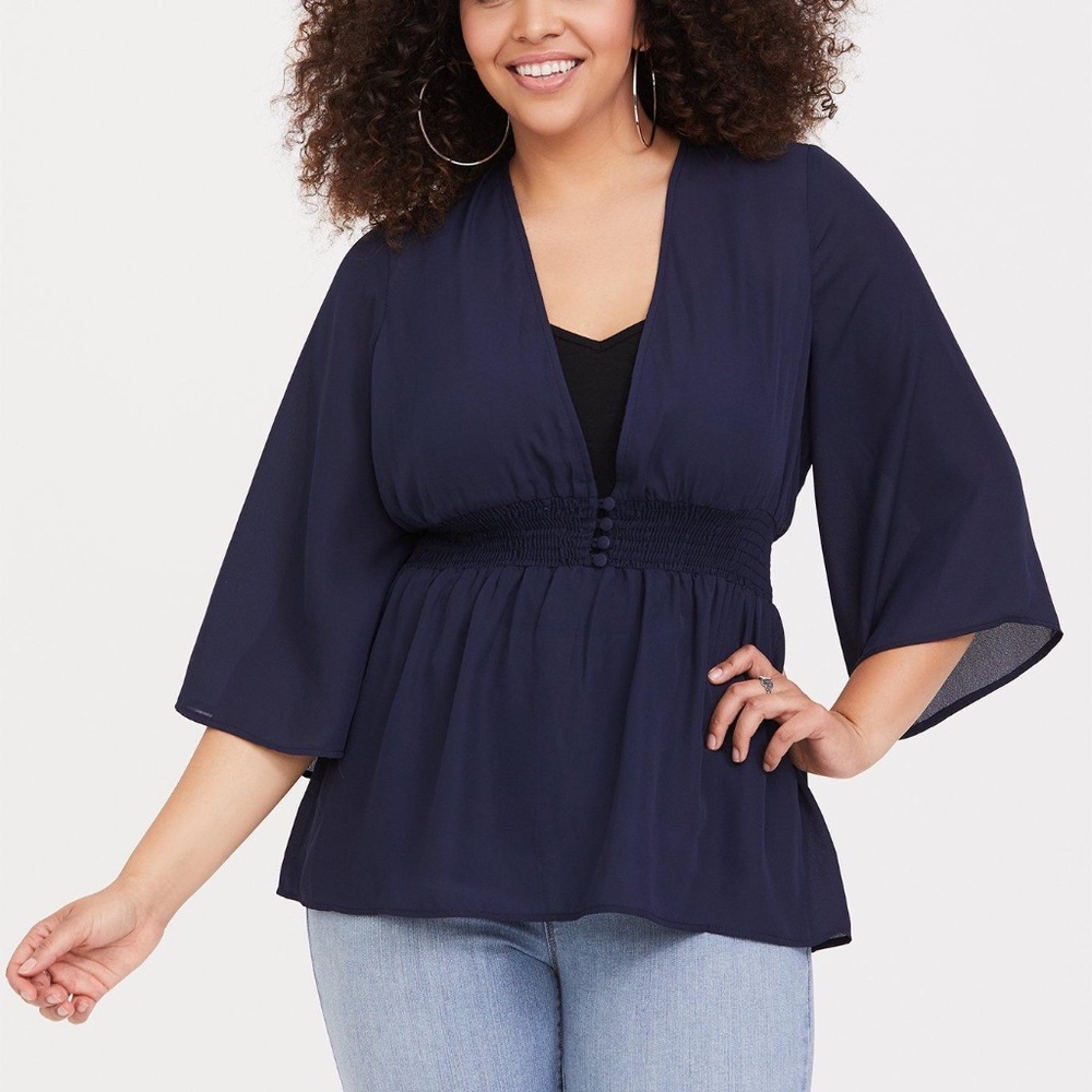 torrid Navy Blue V-Neck Smocked Waist Blouse